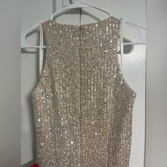 Ieena for Mac Duggal SEQUINED HIGH NECK SIDE KNOT GOWN in nude silver - Picture 8 of 11